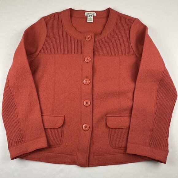 Orvis Wool Cardigan Sweater Women’s M Button Front Pockets Round Neck Dark Pink - Picture 1 of 11